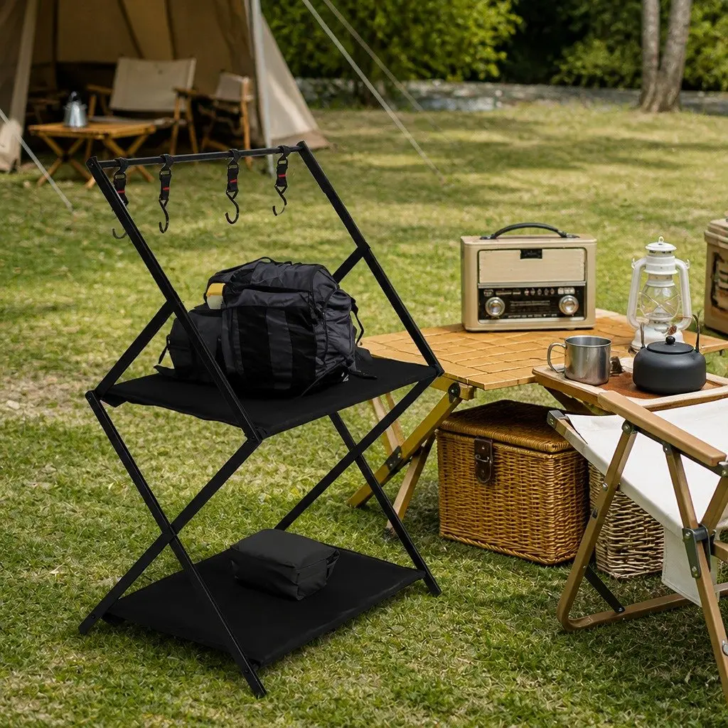 Foldable Camping Storage Shelves Black 2 Layer Portable Outdoor Kitchen with Hooks
