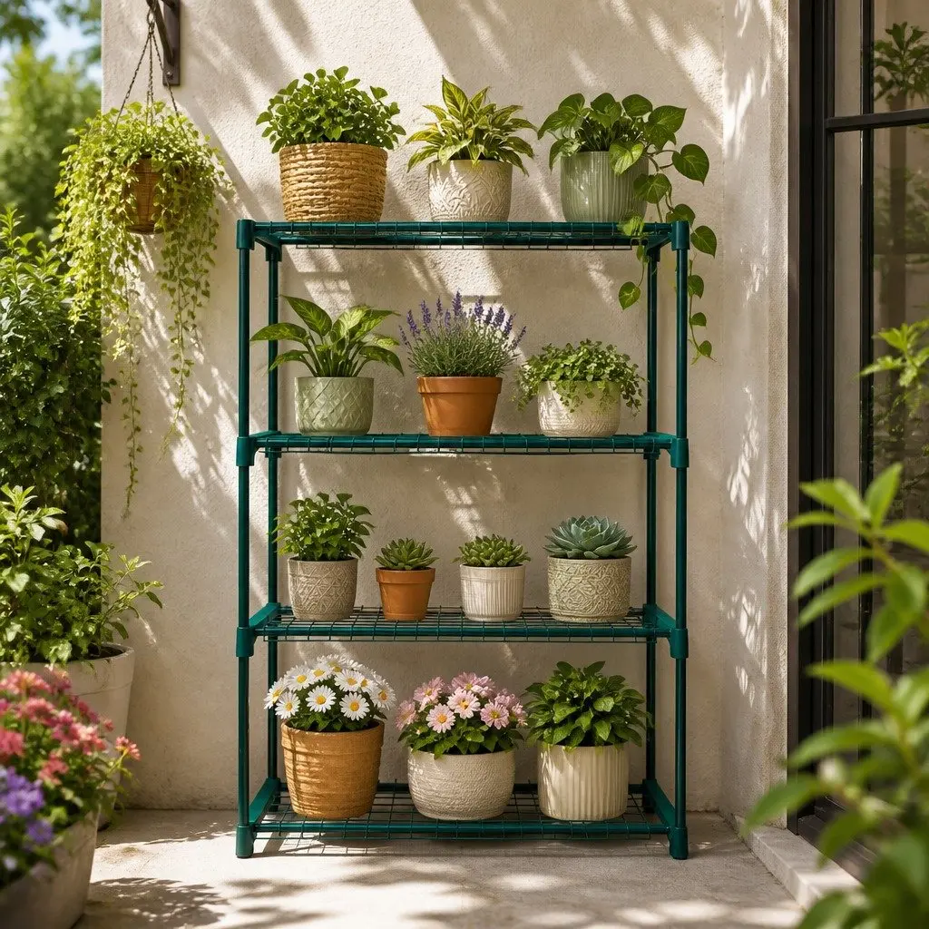 4 Tier Plant Stand Dark Green Steel Indoor Outdoor Display Shelves