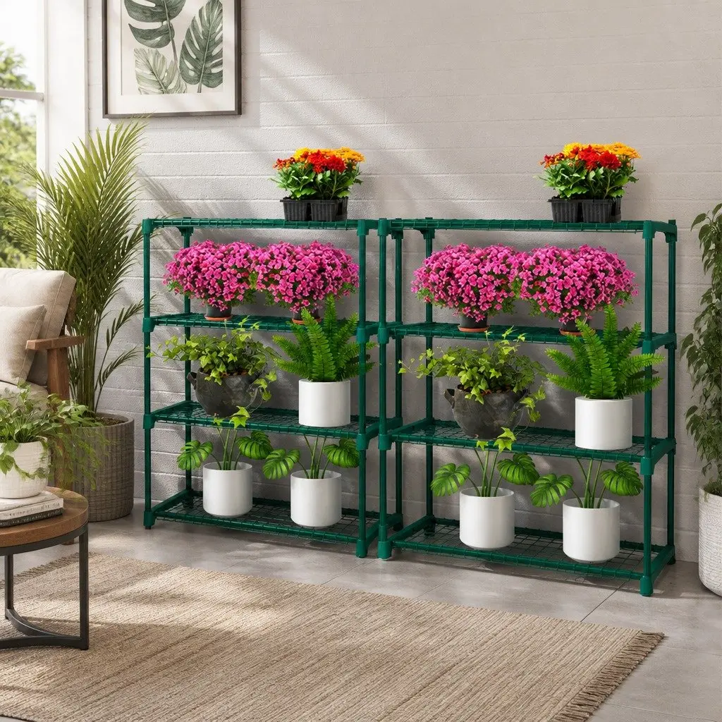 4 Tier Plant Stand Dark Green Steel Indoor Outdoor Display Shelves