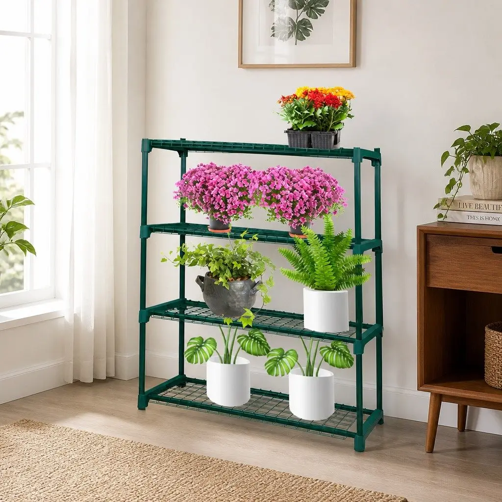 4 Tier Plant Stand Dark Green Steel Indoor Outdoor Display Shelves