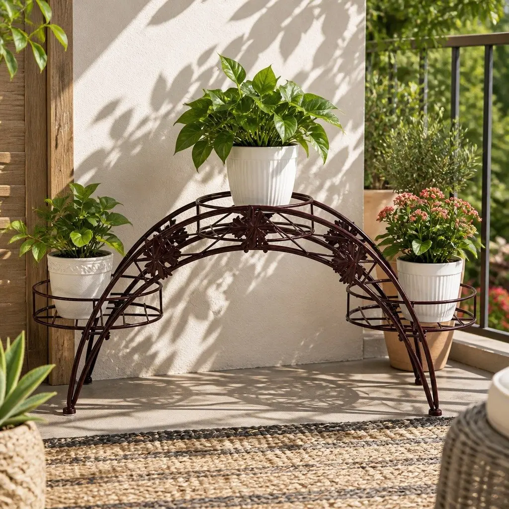 Plant Stand Bronze Metal 3-Pot Arch Tiered Flower Rack Indoor Outdoor