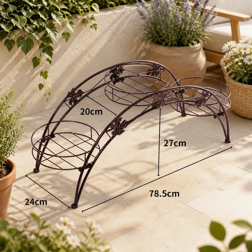 Plant Stand Bronze Metal 3-Pot Arch Tiered Flower Rack Indoor Outdoor