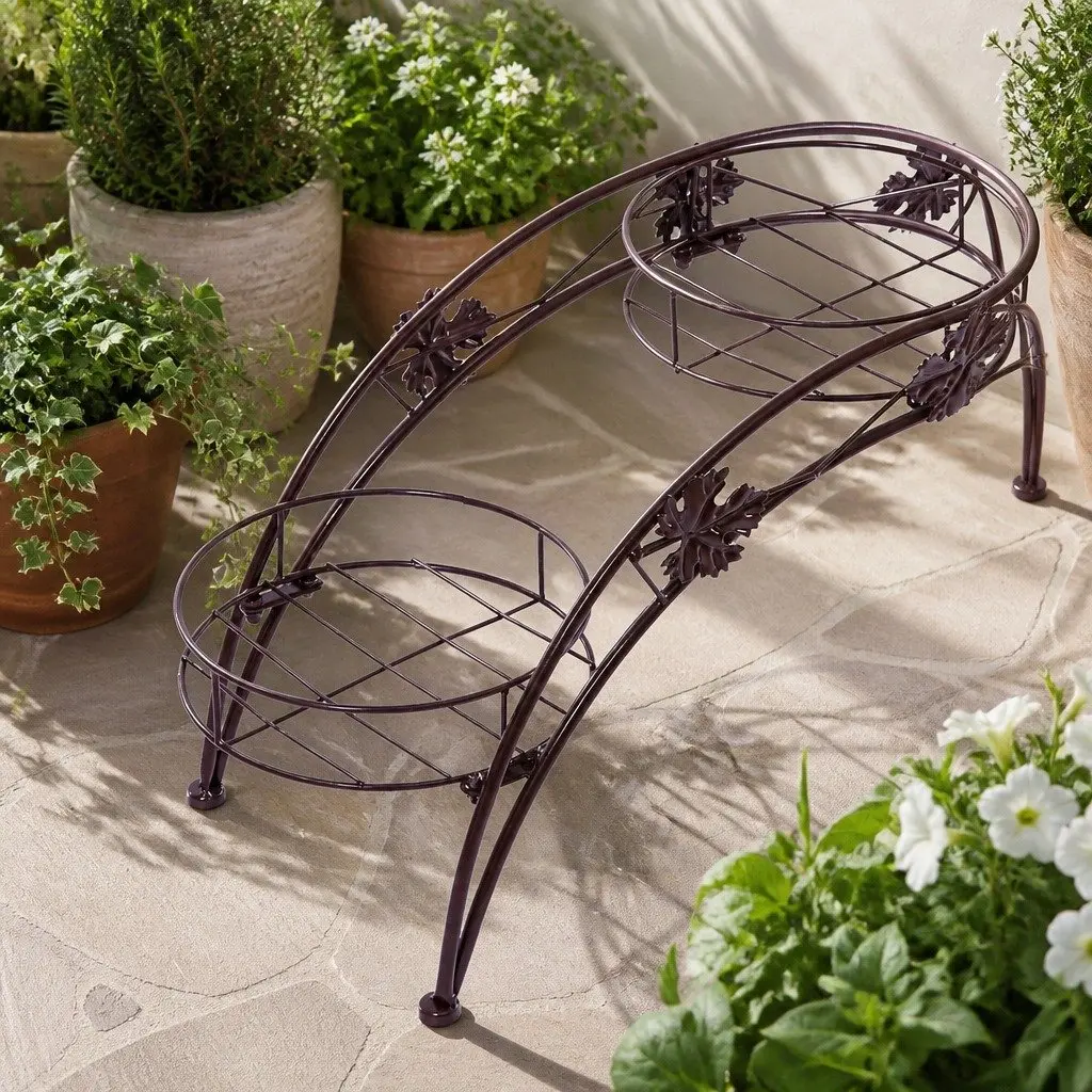 Plant Stand Bronze Metal 3-Pot Arch Tiered Flower Rack Indoor Outdoor