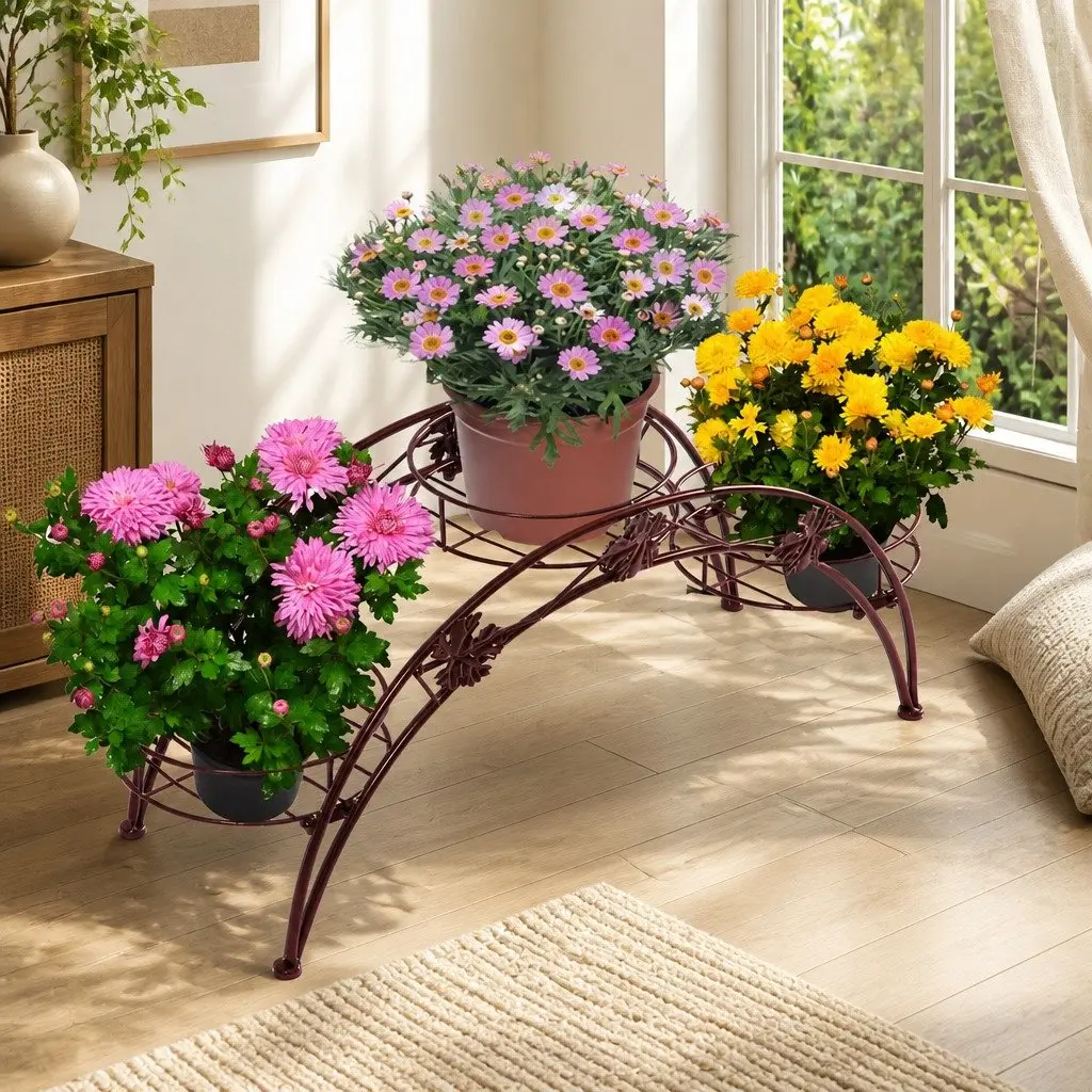 Plant Stand Bronze Metal 3-Pot Arch Tiered Flower Rack Indoor Outdoor
