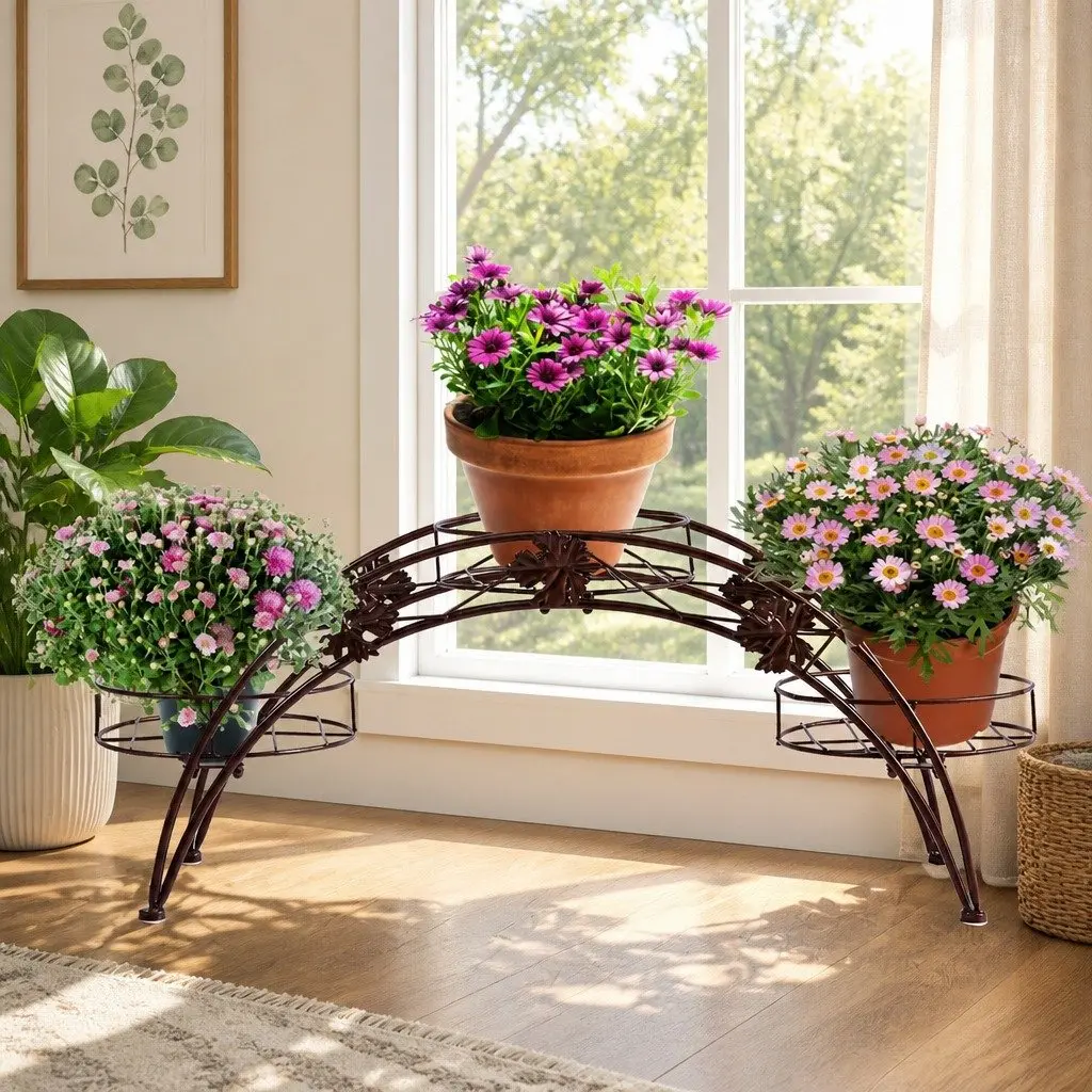 Plant Stand Bronze Metal 3-Pot Arch Tiered Flower Rack Indoor Outdoor