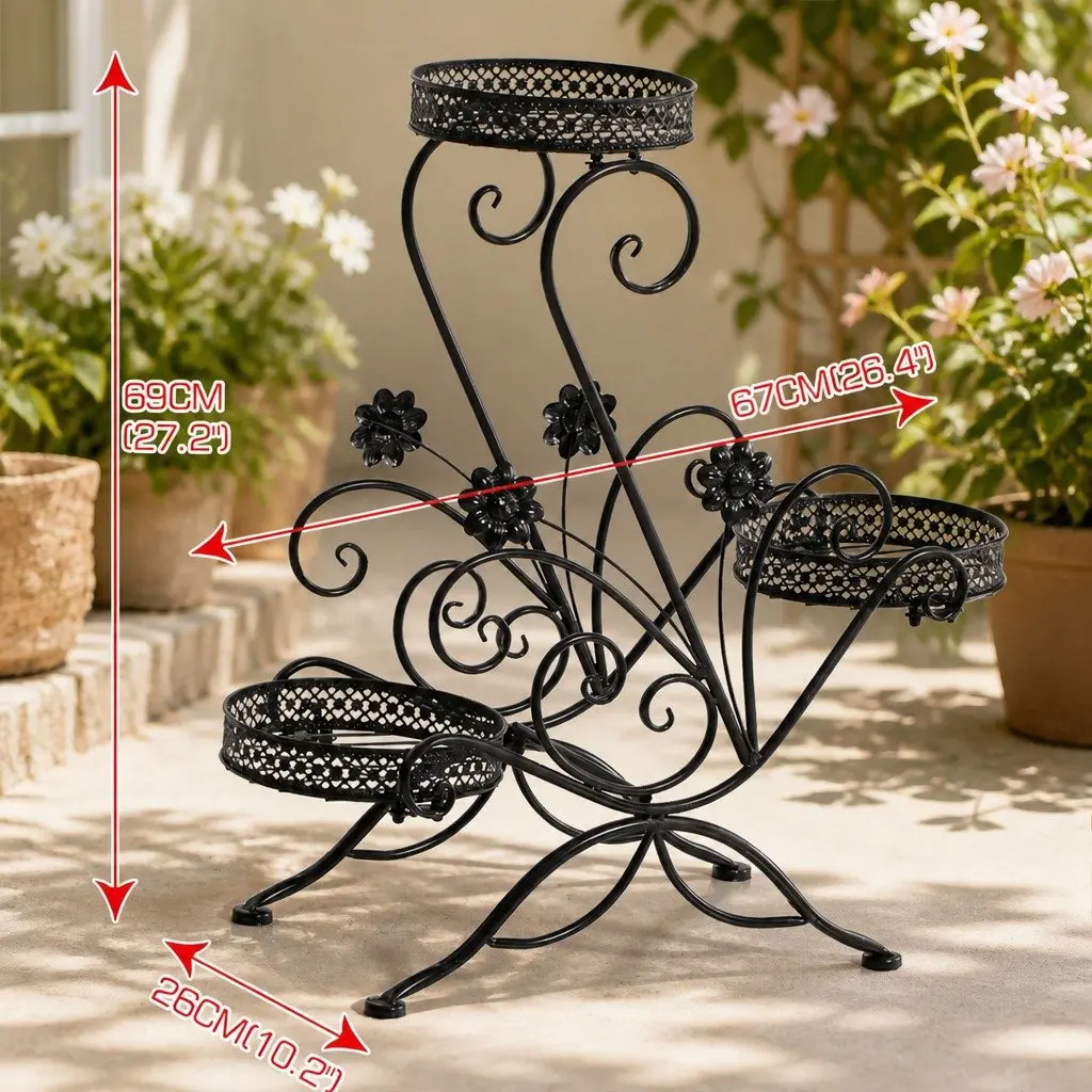 3-Tier Metal Plant Stand Black Indoor Outdoor Garden Pot Display Shelf
