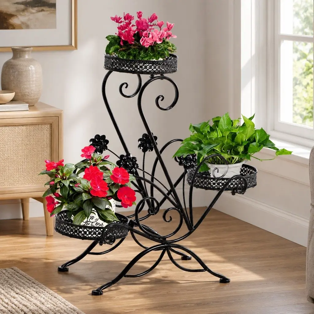 3-Tier Metal Plant Stand Black Indoor Outdoor Garden Pot Display Shelf