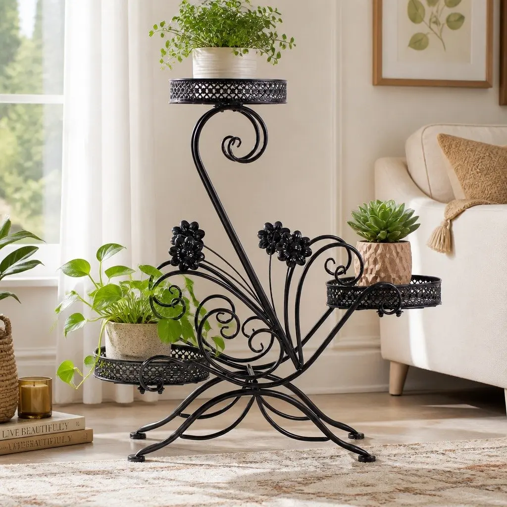 Steel Frame Black Plant Stand Indoor Outdoor Display Shelf for Potted Plants