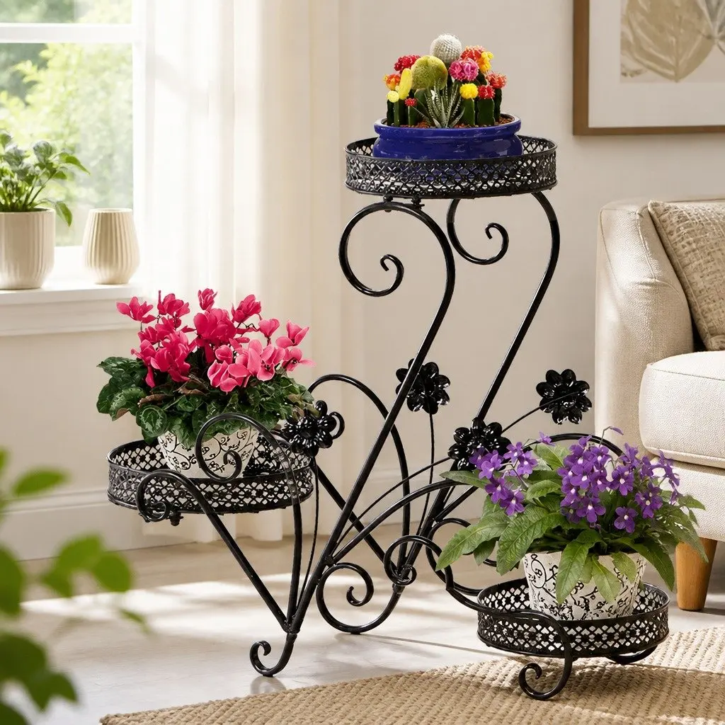 Steel Frame Black Plant Stand Indoor Outdoor Display Shelf for Potted Plants