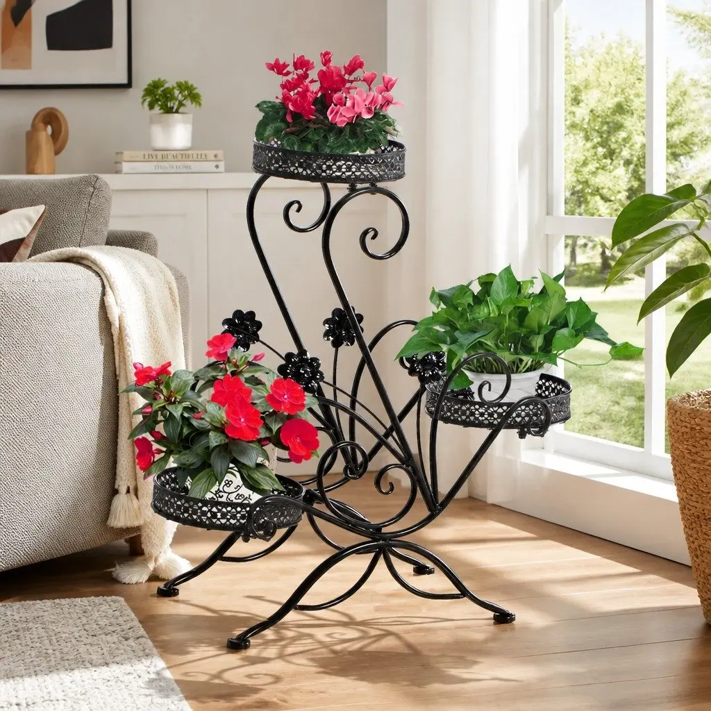 Steel Frame Black Plant Stand Indoor Outdoor Display Shelf for Potted Plants