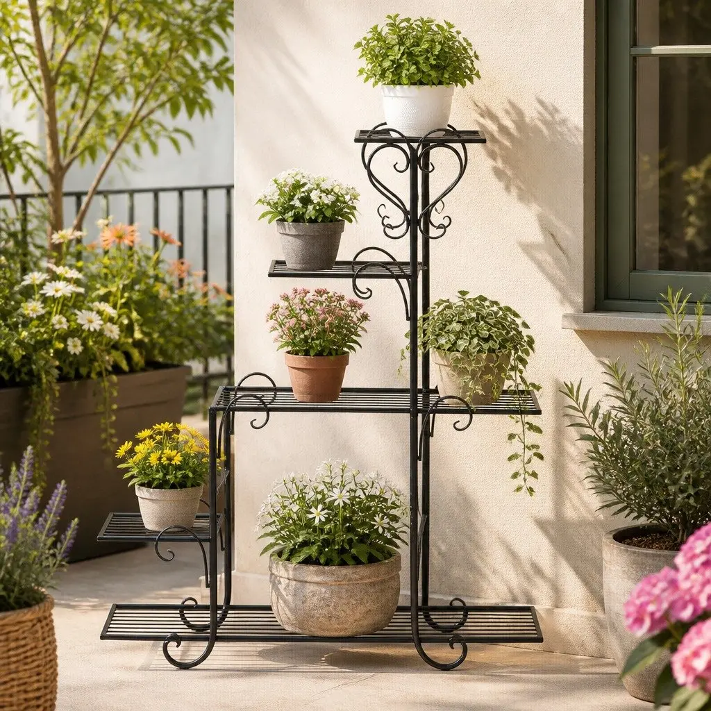 5 Tier Plant Stand Black Steel Indoor Outdoor Display Shelves