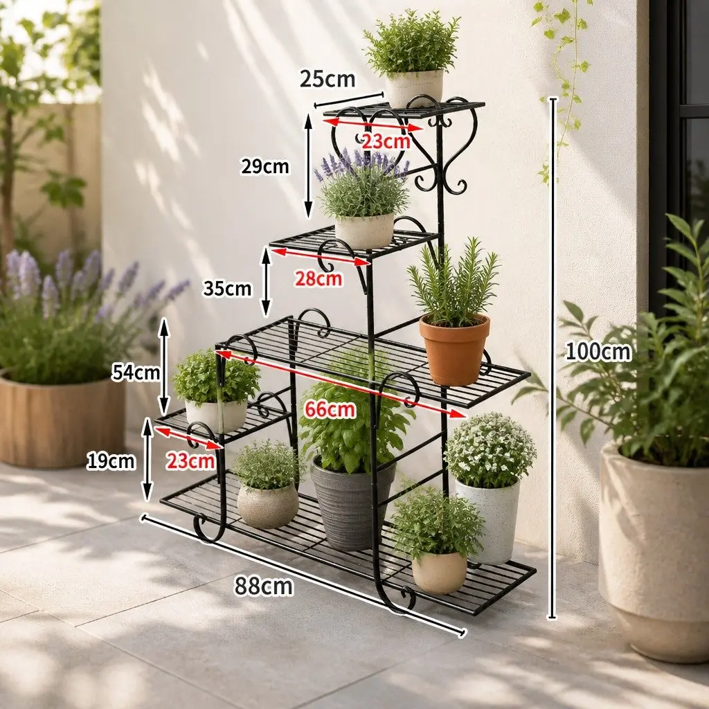 5 Tier Plant Stand Black Steel Indoor Outdoor Display Shelves