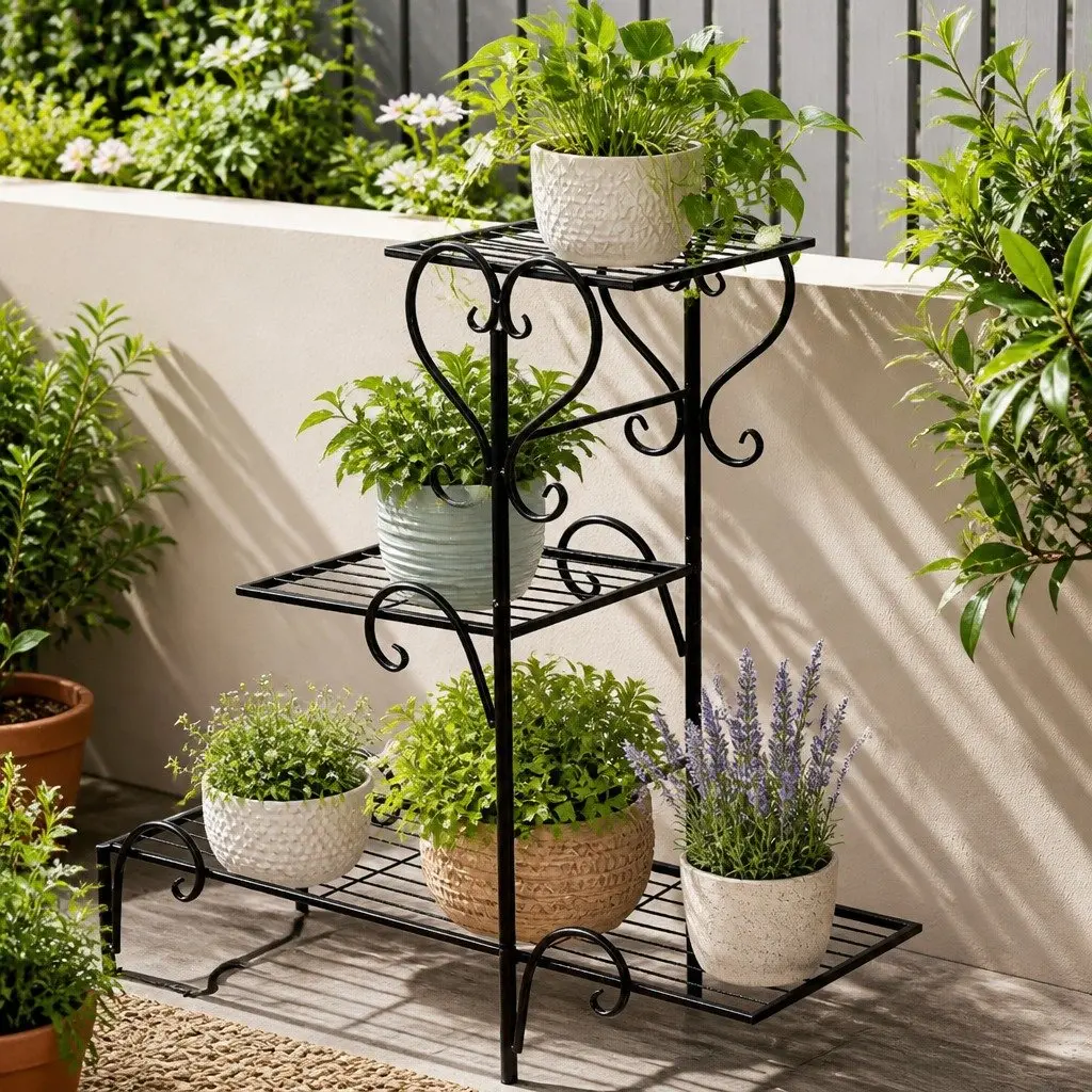 5 Tier Plant Stand Black Steel Indoor Outdoor Display Shelves