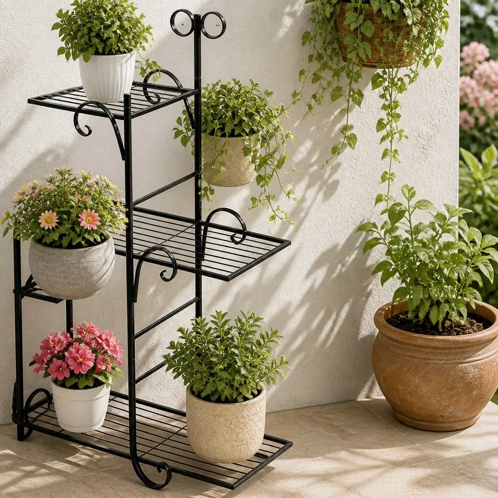 5 Tier Plant Stand Black Steel Indoor Outdoor Display Shelves