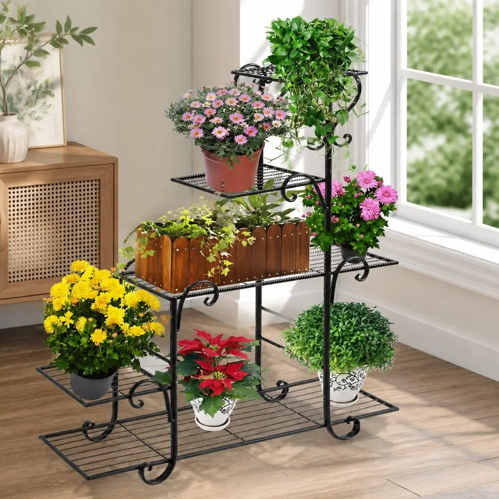 5 Tier Plant Stand Black Steel Indoor Outdoor Display Shelves