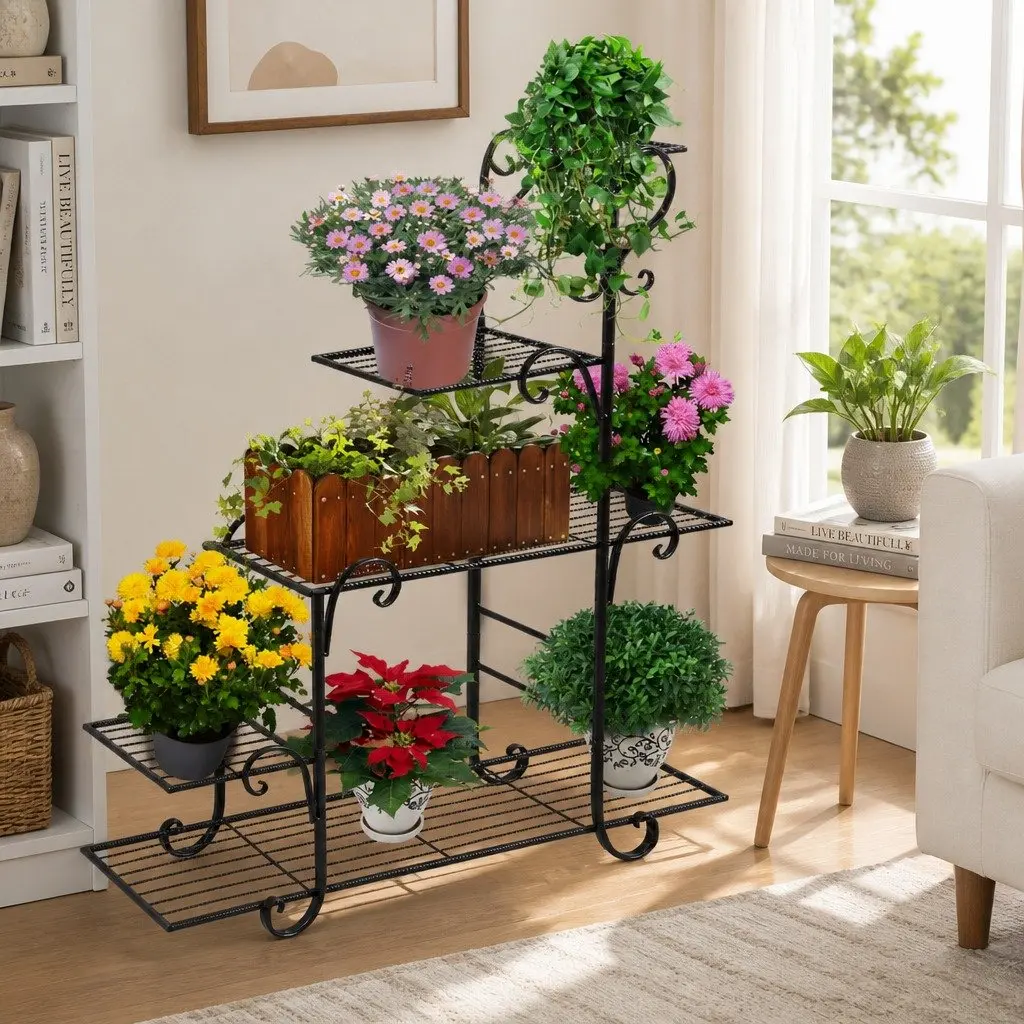 5 Tier Plant Stand Black Steel Indoor Outdoor Display Shelves
