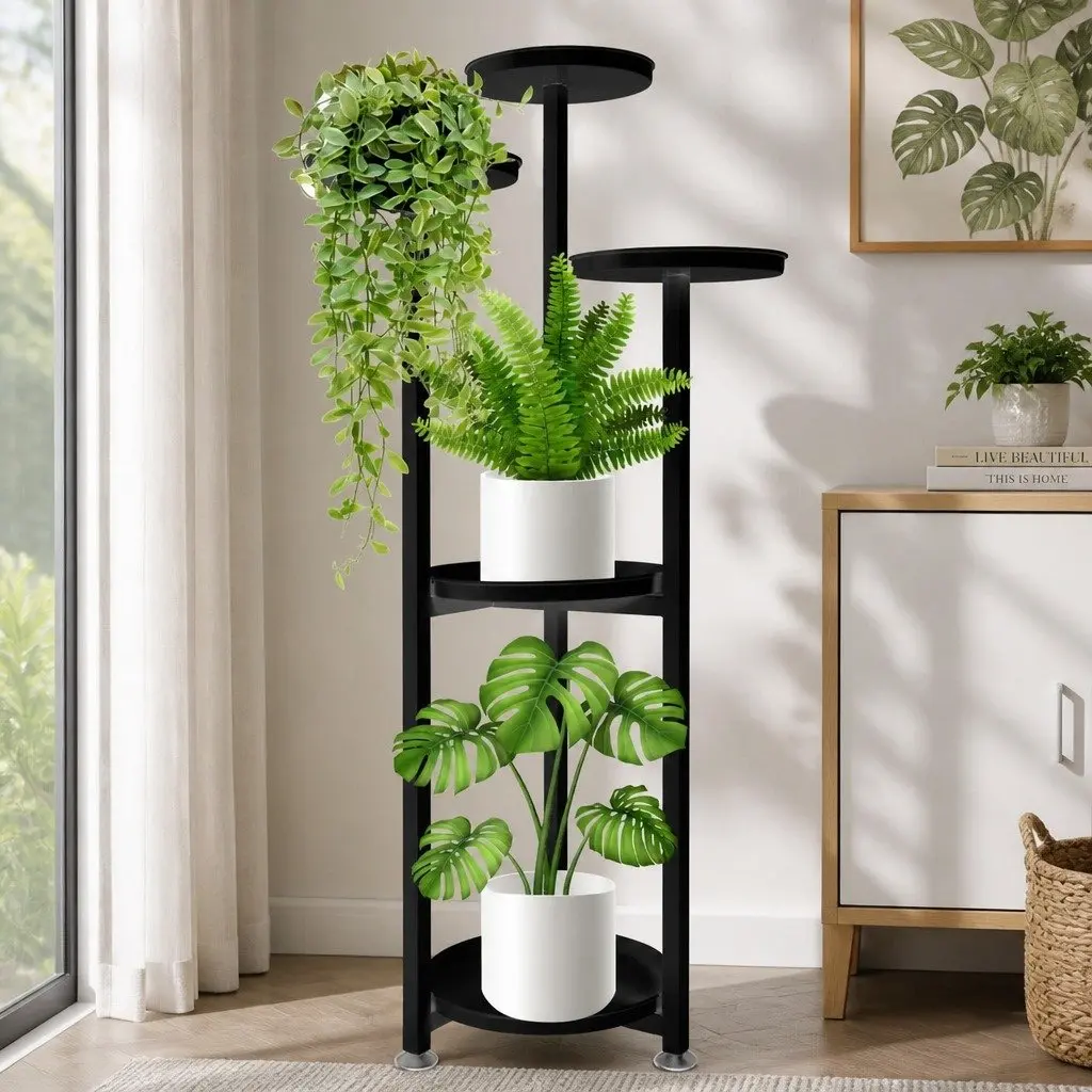 5 Tier Plant Stand Black Large Durable Steel Frame Indoor Outdoor Display Shelf