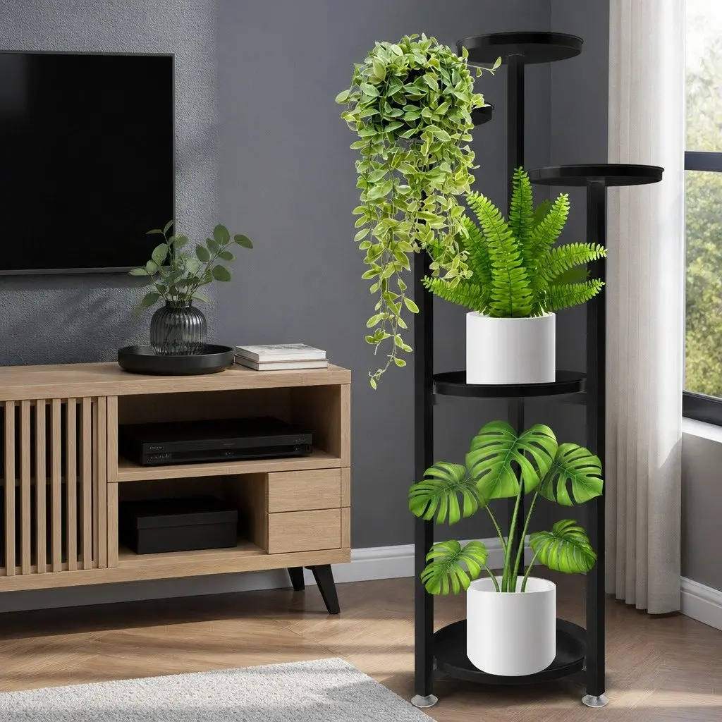 5 Tier Plant Stand Black Large Durable Steel Frame Indoor Outdoor Display Shelf