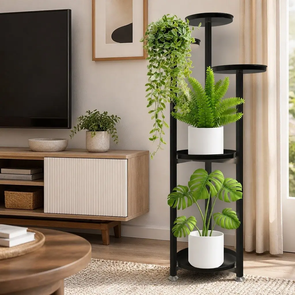 5 Tier Plant Stand Black Large Durable Steel Frame Indoor Outdoor Display Shelf