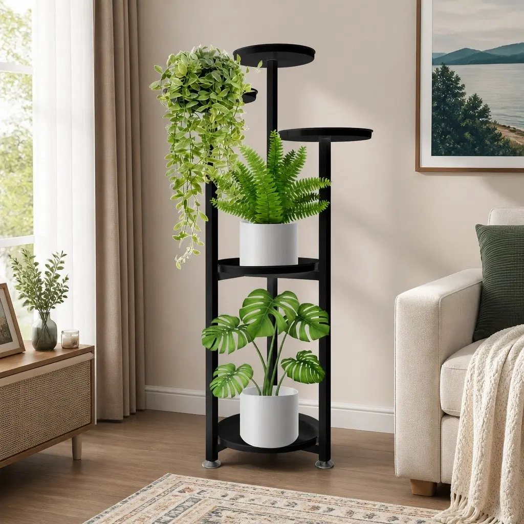 5 Tier Plant Stand Black Metal Frame Indoor Outdoor Flower Pot Display Shelf