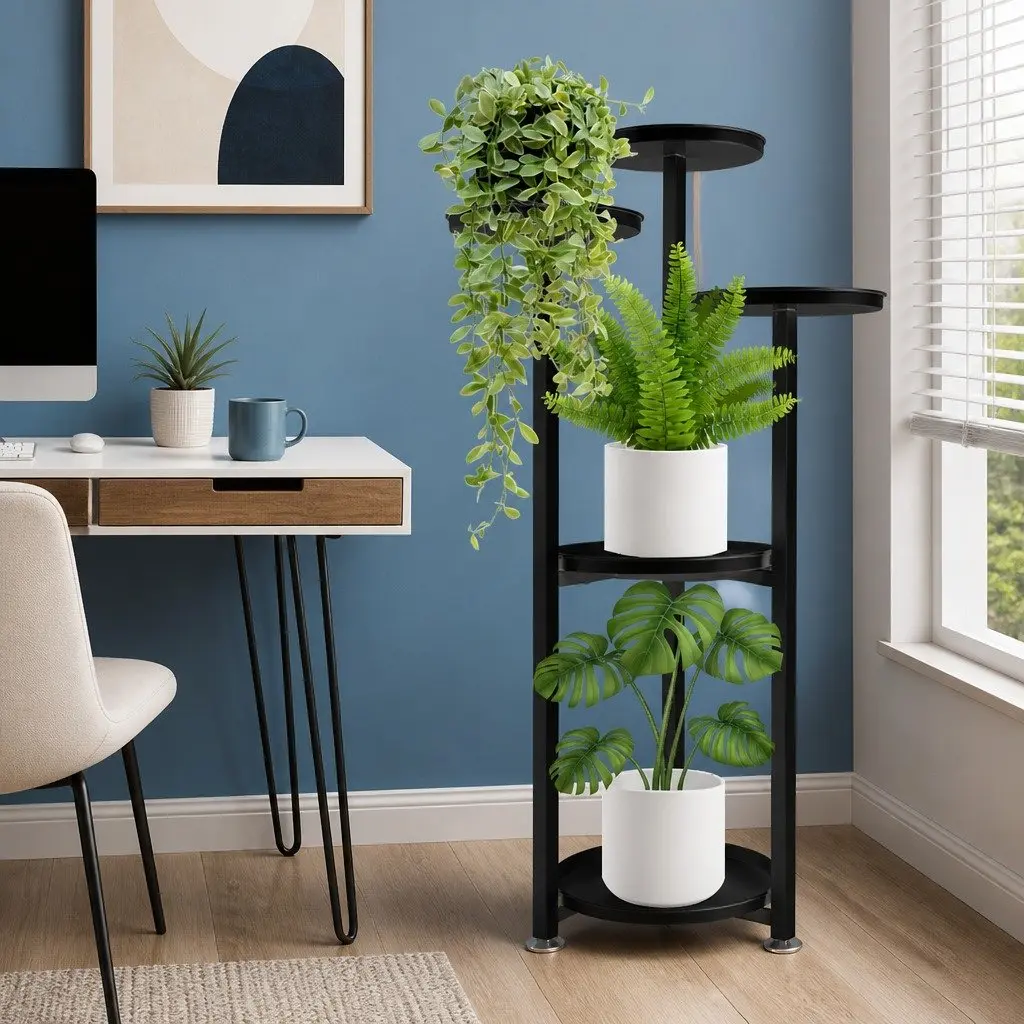 5 Tier Plant Stand Black Metal Frame Indoor Outdoor Flower Pot Display Shelf