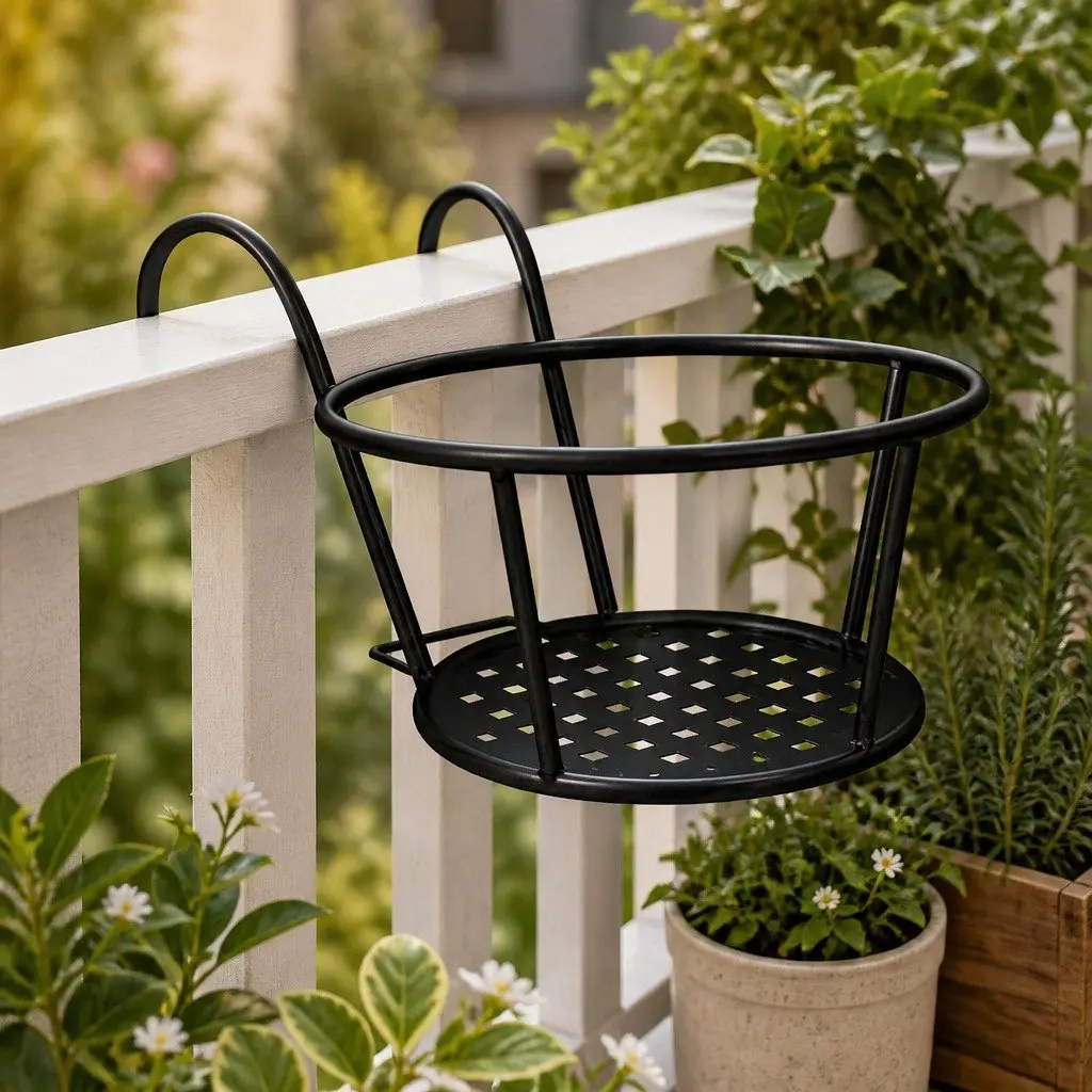 Flower Pot Plant Holder Stand Hook Rail Hanging Basket Steel Black 10kg Capacity