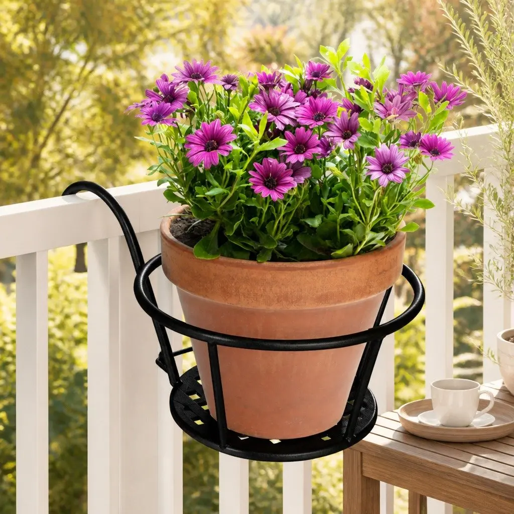 Flower Pot Plant Holder Stand Hook Rail Hanging Basket Steel Black 10kg Capacity