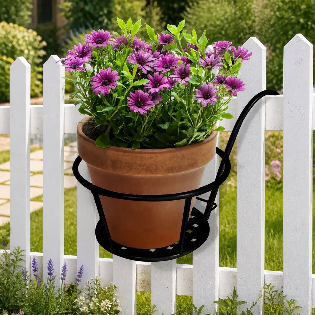 Flower Pot Plant Holder Stand Hook Rail Hanging Basket Steel Black 10kg Capacity