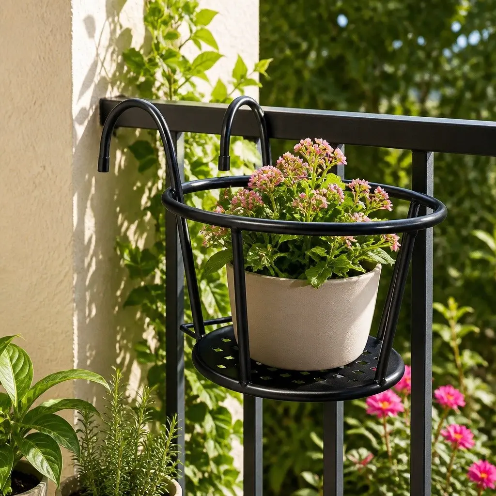 Plant Stand Black Steel Hanging Pot Holder Garden Display 22cm Diameter 18cm Height