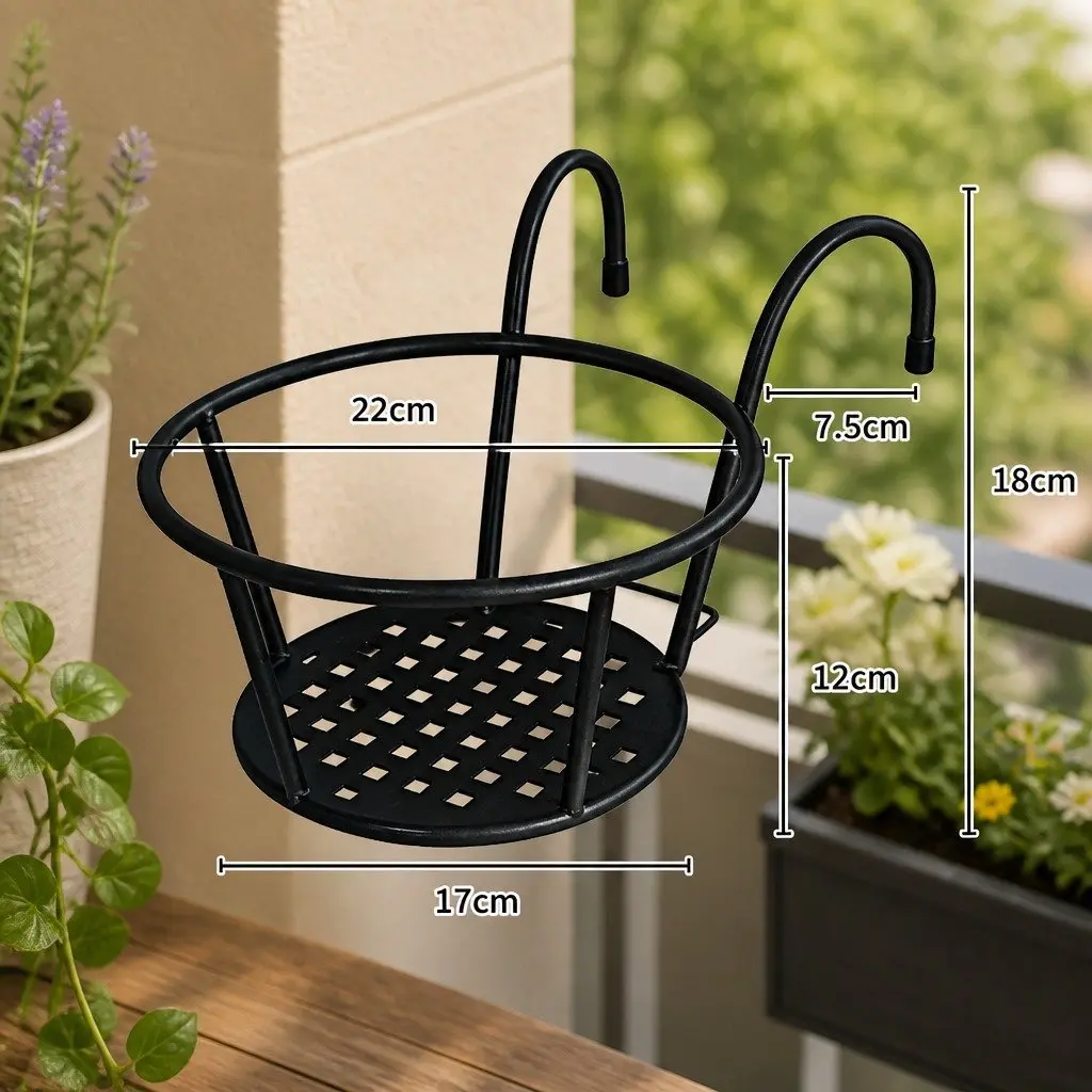 Plant Stand Black Steel Hanging Pot Holder Garden Display 22cm Diameter 18cm Height