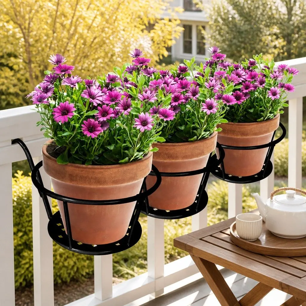 Plant Stand Black Steel Hanging Pot Holder Garden Display 22cm Diameter 18cm Height