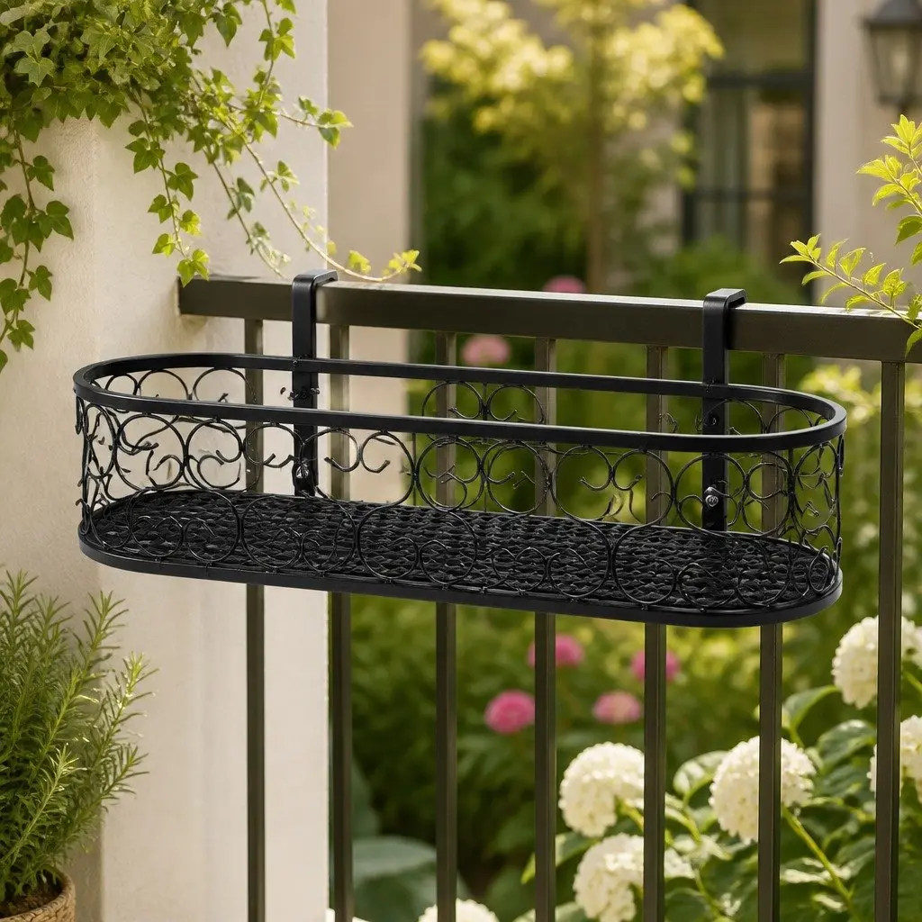 Hanging Pot Plant Stand Outdoor Indoor Black Oval Rail Hook Basket
