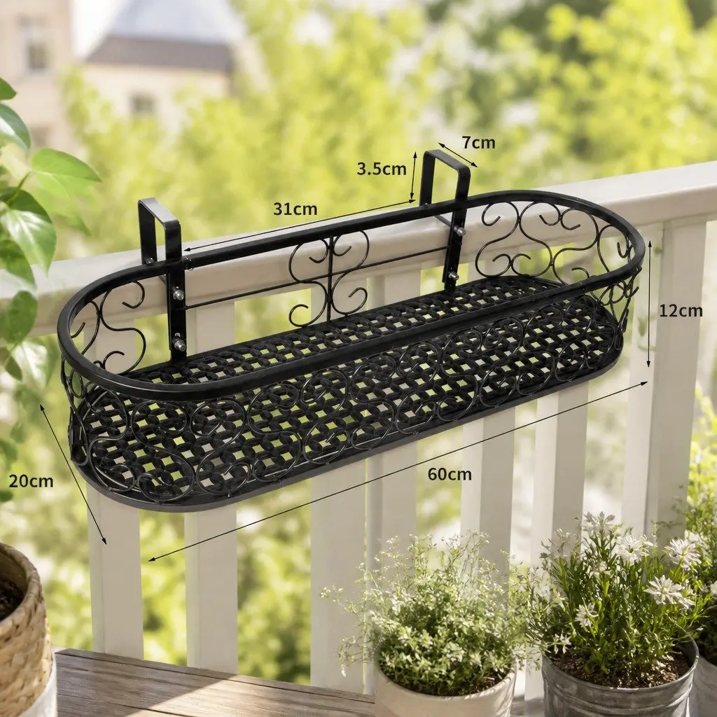 Hanging Pot Plant Stand Outdoor Indoor Black Oval Rail Hook Basket