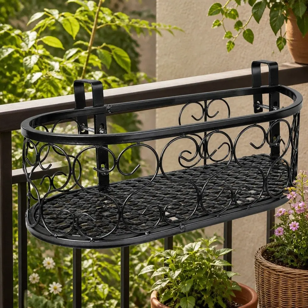 Hanging Pot Plant Stand Outdoor Indoor Black Oval Rail Hook Basket