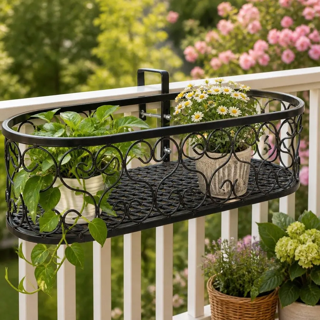 Hanging Pot Plant Stand Outdoor Indoor Black Oval Rail Hook Basket