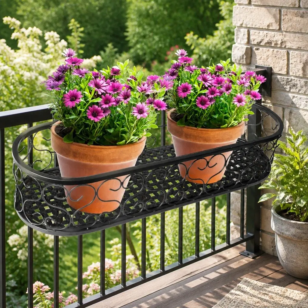 Hanging Pot Plant Stand Outdoor Indoor Black Oval Rail Hook Basket