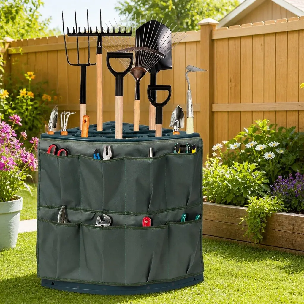 Garden Tool Rack Green 27 Slots Weatherproof Space-Saving