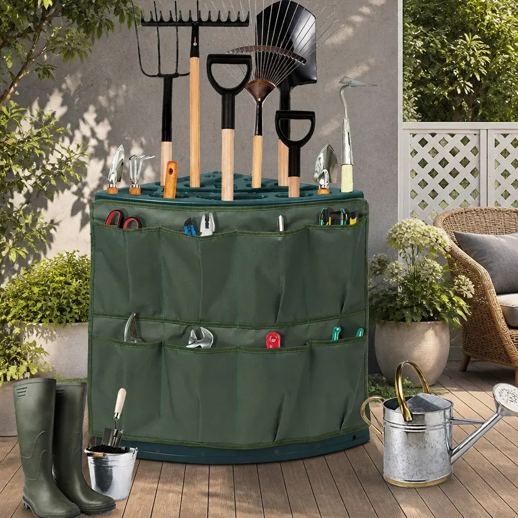 Garden Tool Rack Green 27 Slots Weatherproof Space-Saving