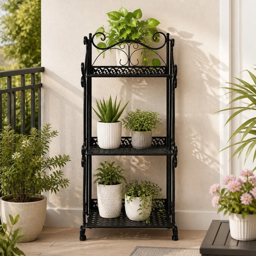 3 Tier Plant Stand Black Steel Indoor Outdoor Garden Display Rack