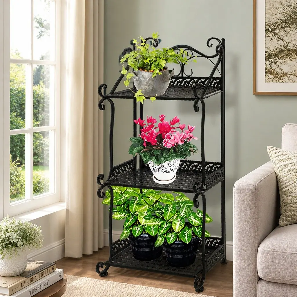 3 Tier Plant Stand Black Steel Indoor Outdoor Garden Display Rack