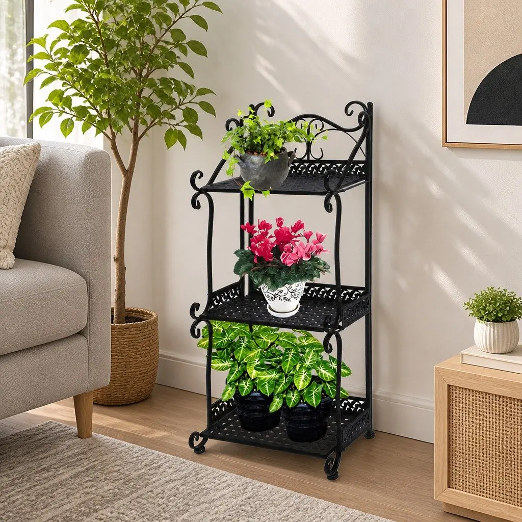 3 Tier Plant Stand Black Steel Indoor Outdoor Garden Display Rack