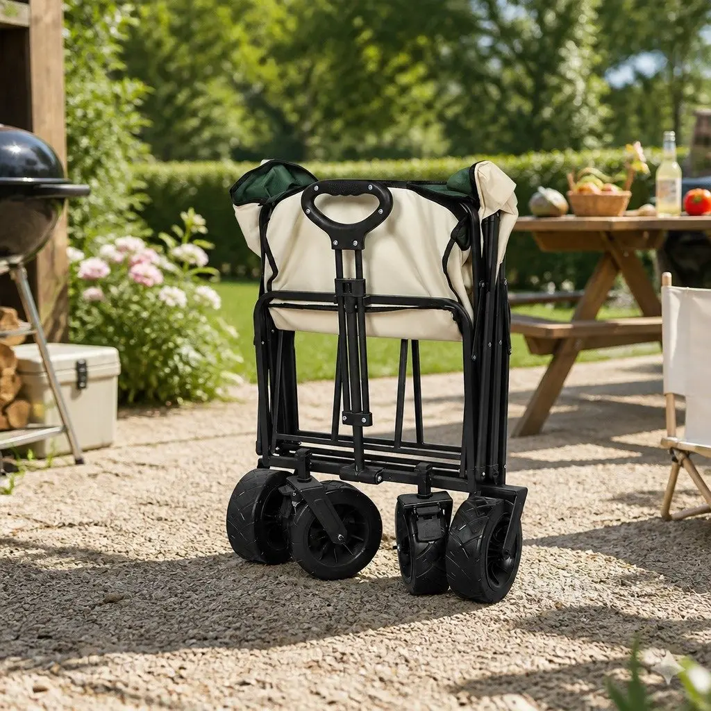 Collapsible Garden Trolley Wagon 150kg Capacity Foldable Camping Cart Beige