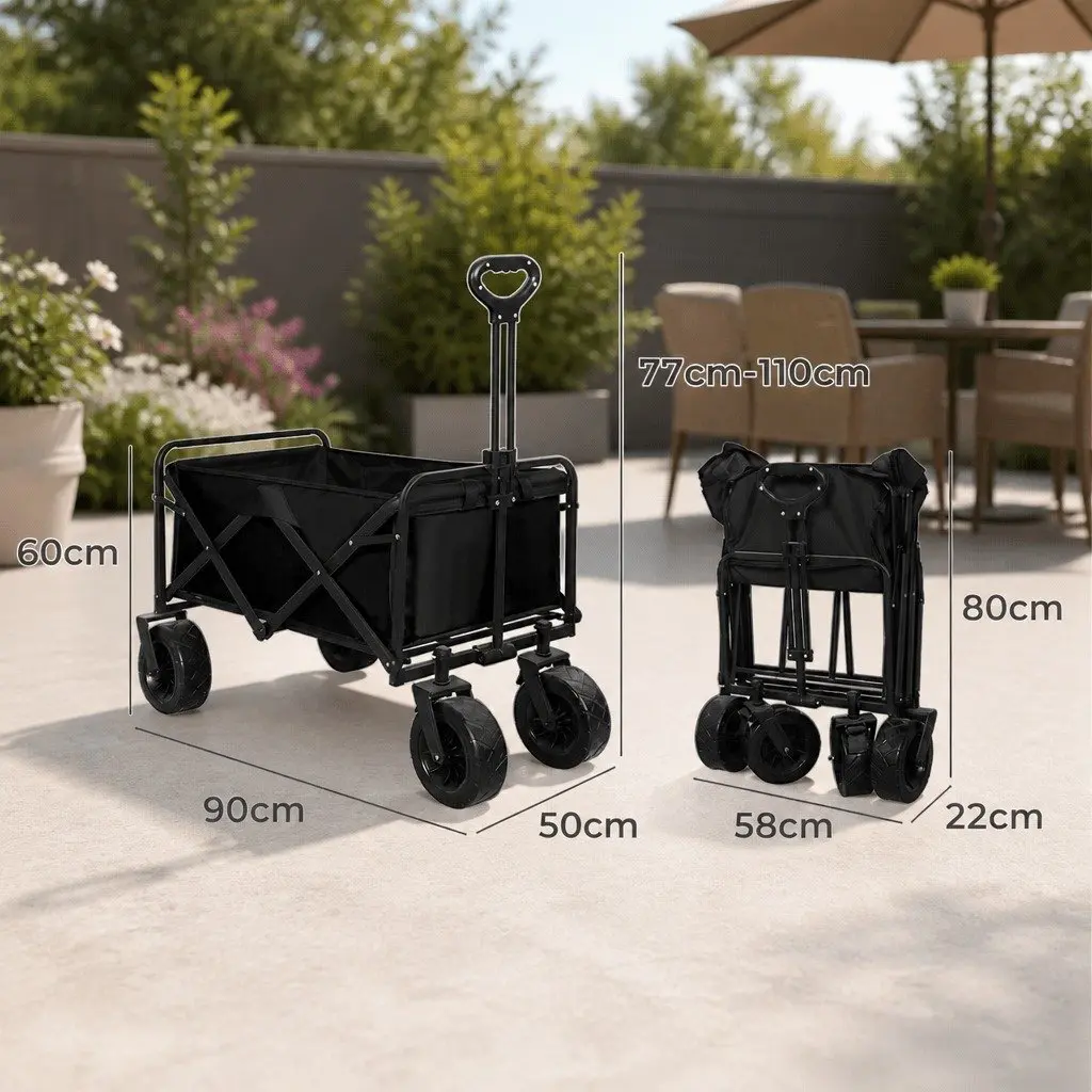Garden Trolley Black Foldable Heavy Duty Steel Frame Large Wheels