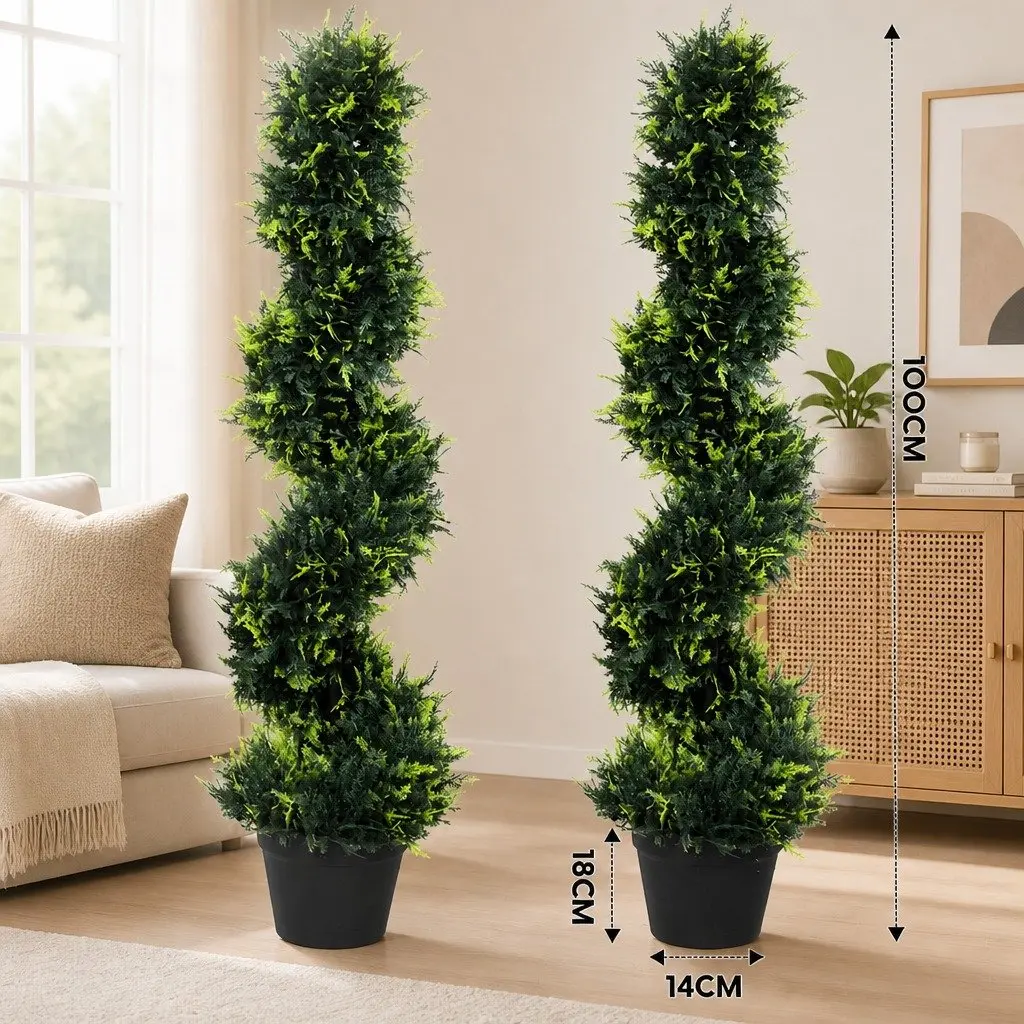 Artificial Spiral Cedar Tree Green 100cm UV Resistant Indoor Outdoor Faux Greenery Decor 2 Pack