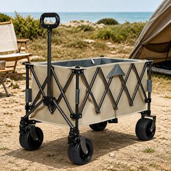 Folding Wagon Cart 3-Tier Trolley All-Terrain Wheels Outdoor Camping Beach Khaki
