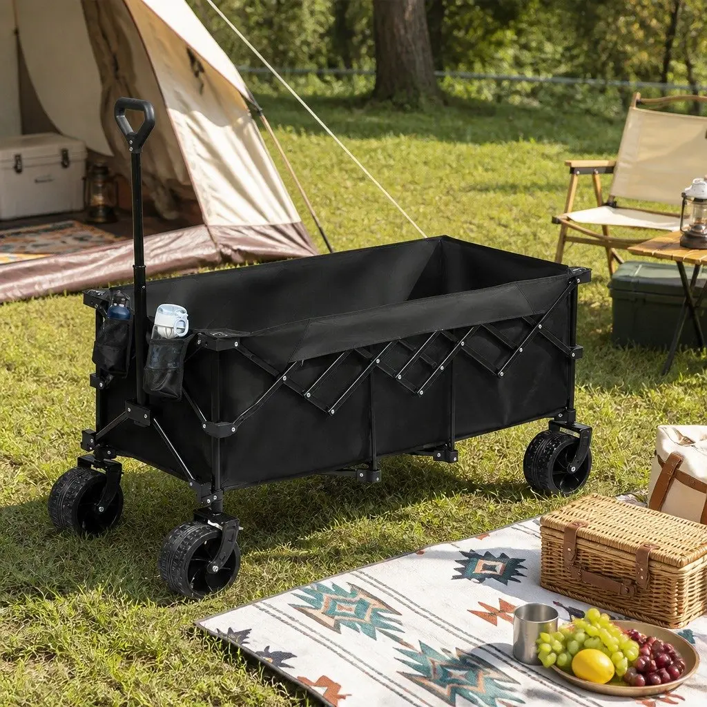 Folding Wagon Trolley Cart Black 3-Tier Outdoor Utility with 360° Swivel Wheels