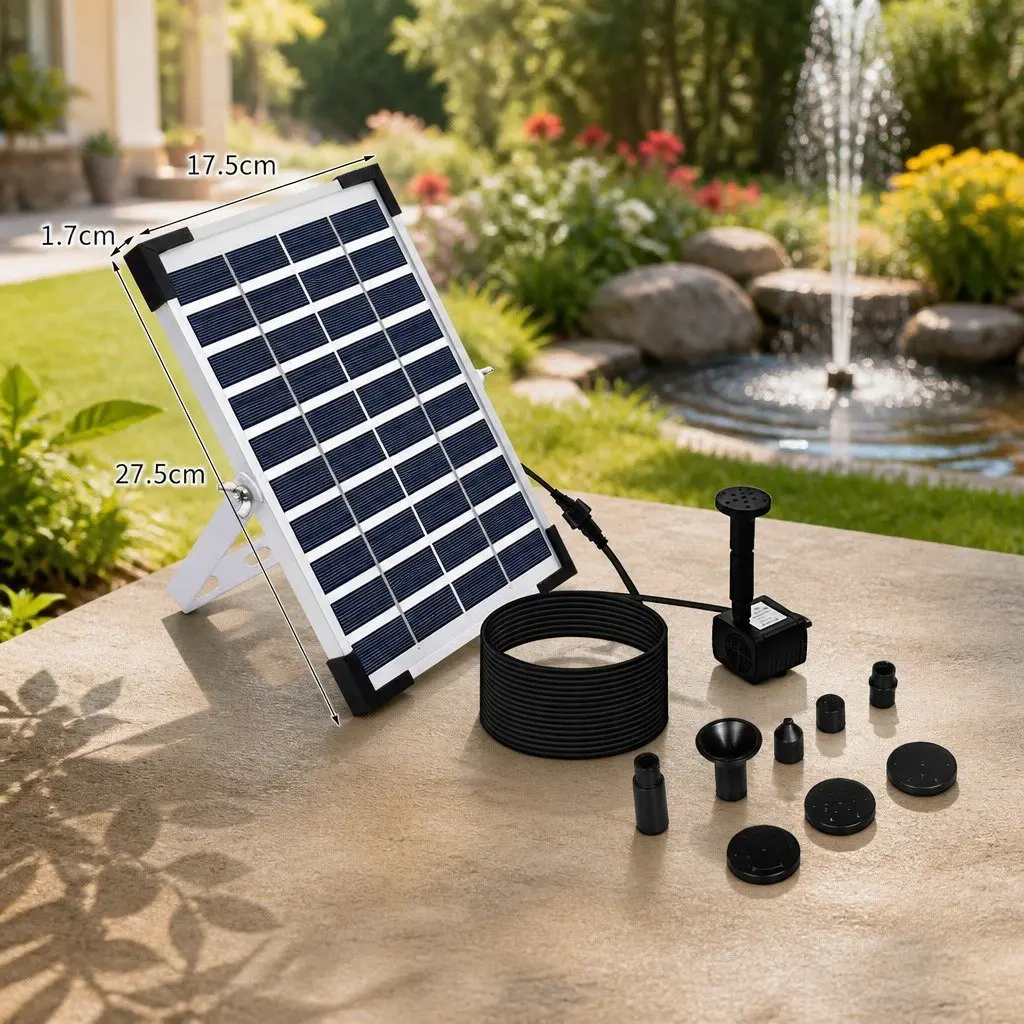 Solar Fountain Black 5W Outdoor Water Feature 8 Nozzles