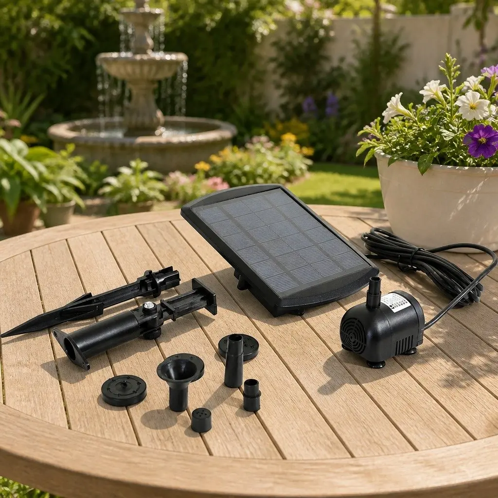 Solar Fountain Water Pump Kit Black Adjustable Height Multiple Spray Nozzles