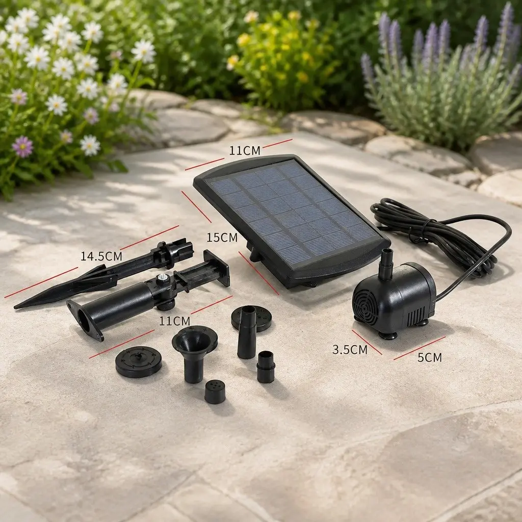 Solar Fountain Water Pump Kit Black Adjustable Height Multiple Spray Nozzles