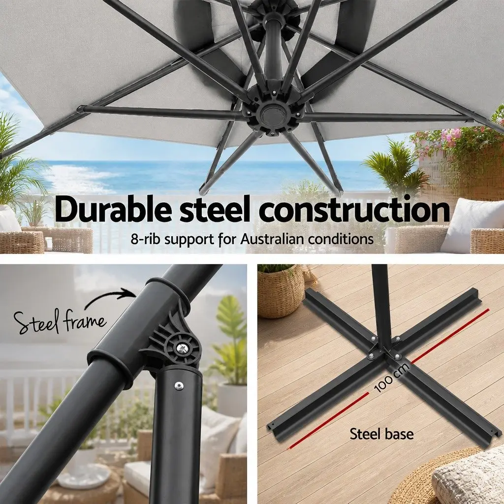Outdoor Umbrella Grey 3m Octagonal Side Post UV50+ Protection Water-Resistant Polyester Canopy Steel Frame